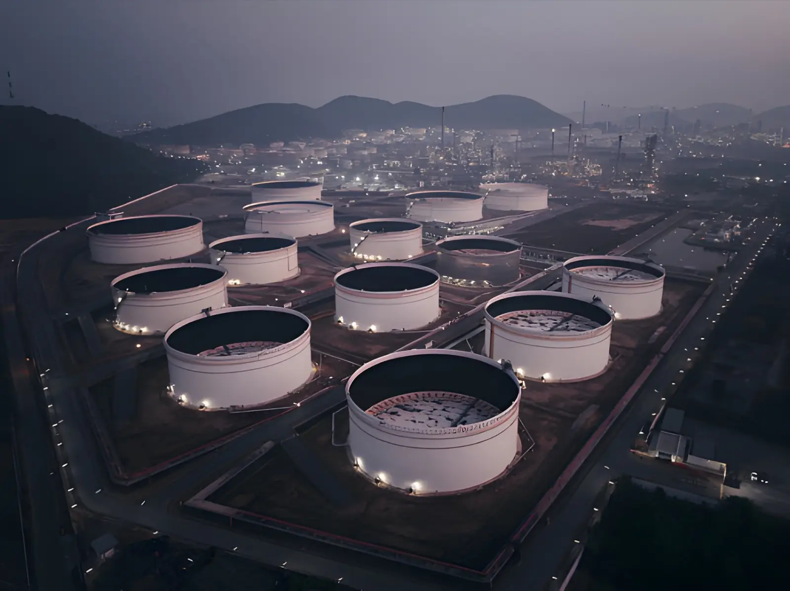 Aerial view of a JSF Logistics tank farm lit up at dusk